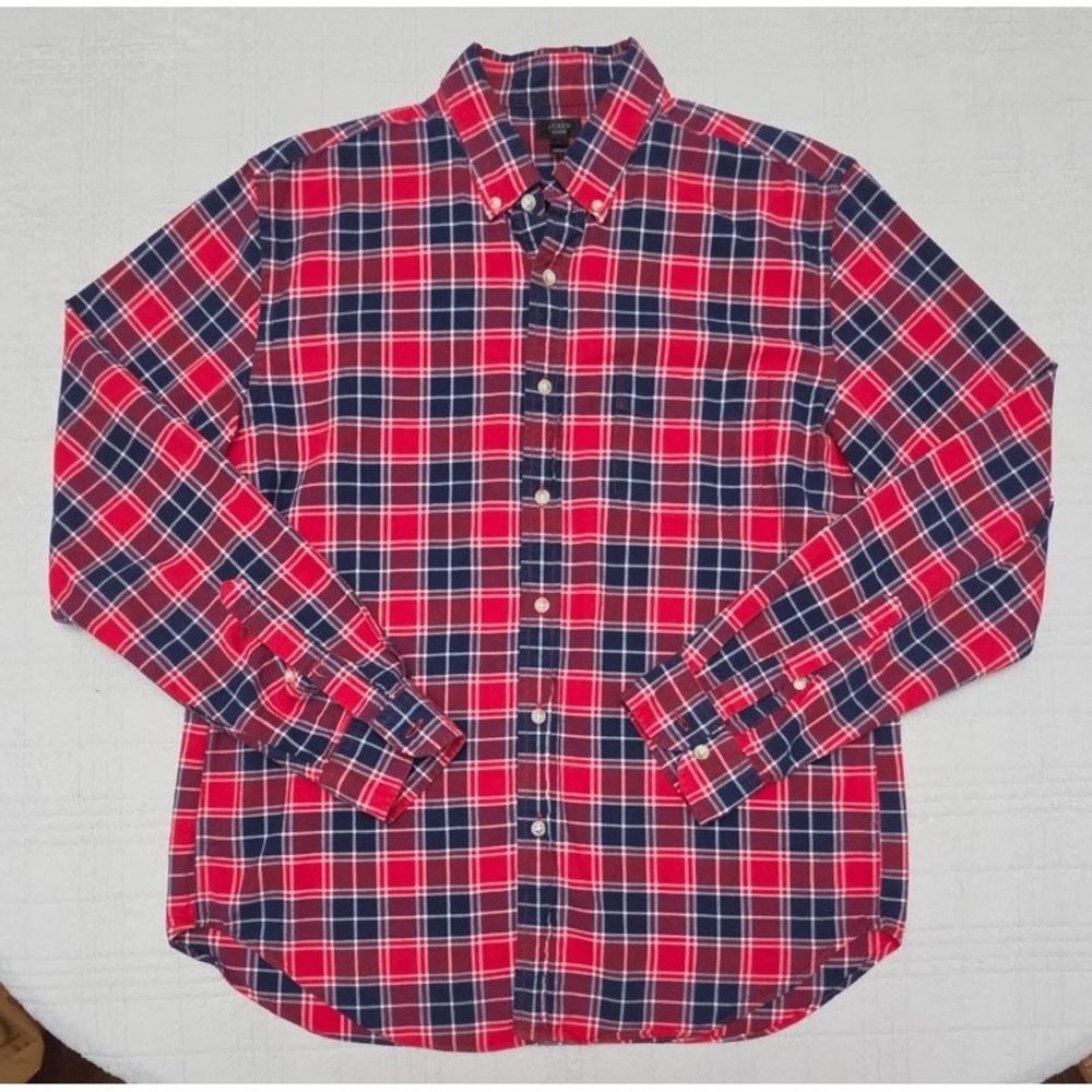 J.Crew Oxford Shirt Mens L Plaid Button Down Heritage 100% Cotton Red Blue